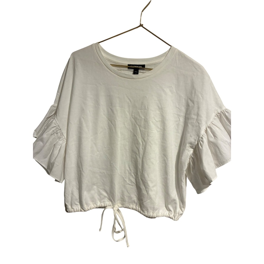 Express White Cotton Ruffle Sleeve Drawstring Hem Cropped Top Small